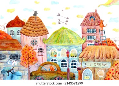 Hand drawn children's fairy tale funny illustration.City panorama,architecture,houses,cats. Drawn 
with watercolor and colored pencils. Jpg image.Horizontal print template  for card, poster,banner