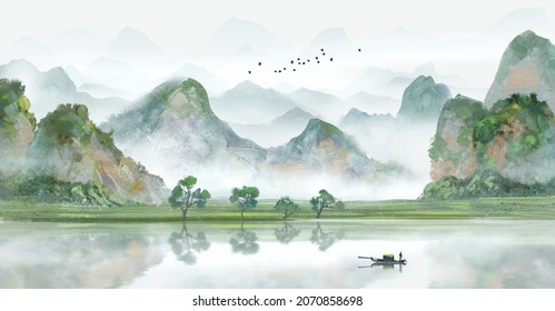 Hand drawn Chinese style artistic conception landscape painting