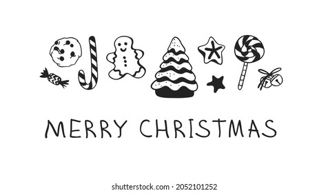 Hand Drawn Christmas Set Of Sweets On White Background. Creative Holidays Ink Art Work. Actual Doodle Drawing And Text MERRY CHRISTMAS