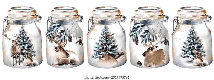 Hand drawn Christmas watercolor clipart of a Deer in a Jar isolated on a white background. Set illustrations of Reindeer and Christmas Tree. Design cards, Banner. Hello Winter. - Powered by Shutterstock