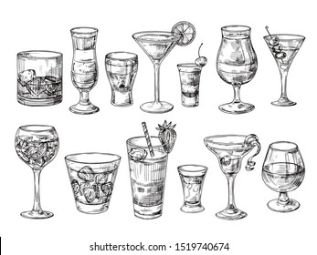 Hand drawn cocktail. Alcoholic drinks in glasses. Sketch juice, margarita martini. Cocktail with rum, gin whiskey set - Powered by Shutterstock