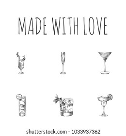 Hand Drawn Cocktail Sketches Set. Collection Of Mint Julep, Tom Collins, Sex On The Beach And Other Sketch Elements.