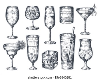 Hand drawn cocktails. Glasses with alcoholic drinks tonic and lemonade, martini gin rum and tropical beverages.  vintage isolated sketch drinking retro cocktail - Powered by Shutterstock