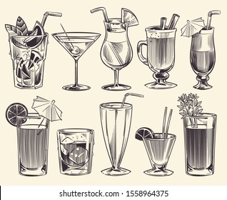 Hand drawn cocktails. Sketch cocktails and alcohol drinks, cold beverages different glasses. Restaurant alcoholic summer drinking with ice and juice set - Powered by Shutterstock