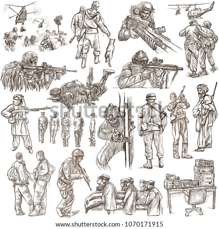 Hand Drawn Collection SOLDIERS Different Situations Stock Illustration 