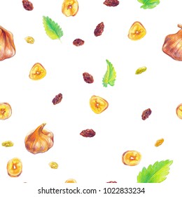 Hand drawn color pencils dry fruits and mint leaves seamless pattern.