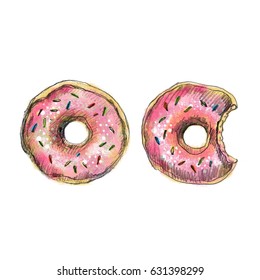 Hand Drawn Colorful Donut And Eaten Donut Isolated On White Background. Pencil Drawing.