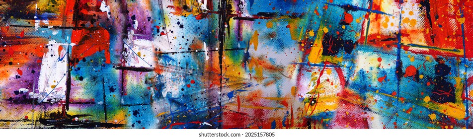 Hand Drawn Colorful Painting Abstract Art Panorama Background Colors Texture.