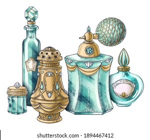 Hand drawn composition of illustrations of vintage jewelry jar, crystal perfume bottles, spray, aroma diffuser for package, book, postcard, identity, poster, decoration in Marie Antoinette style