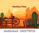 Hand drawn cowboy background with sunset in wild west landscape 