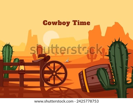 Hand drawn cowboy background with sunset in wild west landscape 