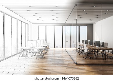 Hand drawn coworking office interior with daylight. Engineering and design concept, 3D Rendering