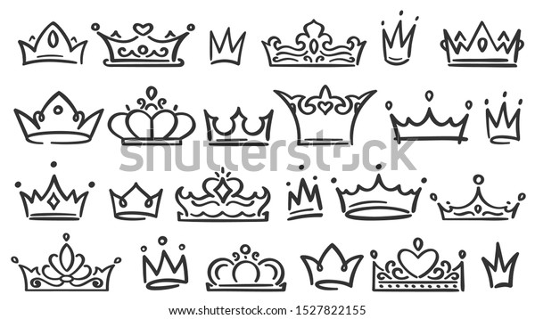 手描きのクラウン 豪華な王冠 女王 王冠の落書き 荘厳な王女ティアラ 王妃ディアデム インクティアラのロイヤリティロゴ 分離型イラストシンボルセット の イラスト素材