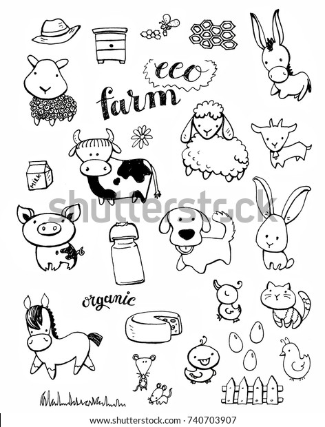 Hand Drawn Cute Farm Animals Stock Illustration 740703907 | Shutterstock