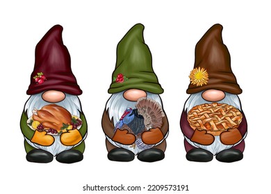 Hand Drawn Cute Gnomes In Autumn Disguise With Turkey, Pie And Turkey.