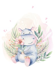 Hand Drawn Cute Isolated Tropical Summer Watercolor Hippo Animals. Hippopotamus Baby And Mother Cartoon Animal Illustrations, Jungle Tree, Brazil Trendy Design.