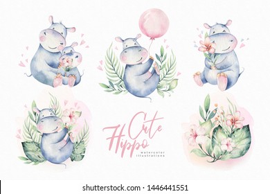 Hand drawn cute isolated tropical summer watercolor hippo animals. hippopotamus baby and mother cartoon animal illustrations, jungle tree, brazil trendy design.