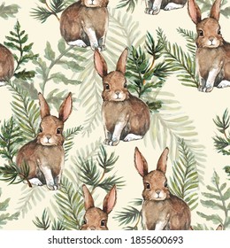 Hand Drawn Cute Rabbit And Leaves Watercolor Seamless Pattern Illustration Background Woodland Bunny