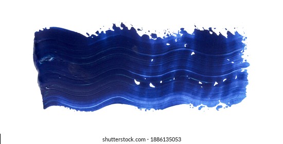 Hand Drawn Dark Blue Brushstroke Swash. Paint Swatch Smear Isolated On White Background. Wave Stain Splash Art Stroke. Abstract Acrylic Splatter. Hand Painted Ink Clipart