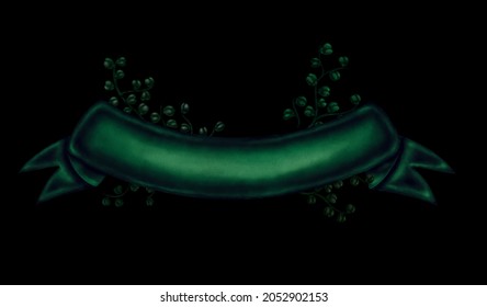 Hand Drawn Dark Green Watercolor Ribbon And Leaves Isolated At Black Background For Banner.