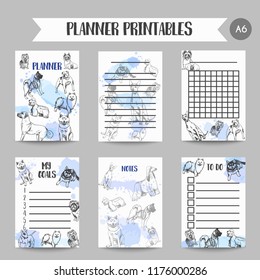 Hand drawn dogs breeds printables. Sketch of dog. Organizer design. Notes for dog lovers French bulldog, dachshund, Husky, Yorkshire Terrier  - Powered by Shutterstock