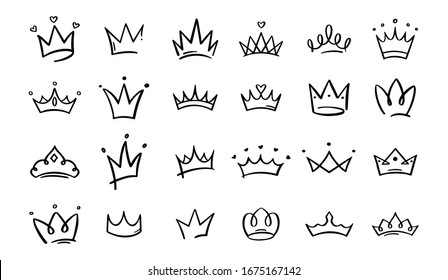 Hand Drawn Doodle Crowns. King Crown Sketches, Majestic Tiara, King And Queen Royal Diadems . Line Art Prince And Princess Luxurious Head Accessories Isolated On White Background