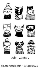 Hand drawn doodle kitty collection on white background. Set with cartoon cats muzzles. illustration.