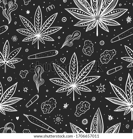 Hand drawn doodle seamless pattern with cannabis equipment on Chalkboard. Weed background.