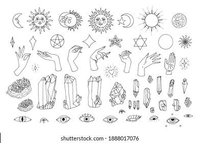 Hand drawn doodle set of black line art in boho style. Collection of witch female hands, celestial objects, stars, crystals, eyes. Isolated on white background.