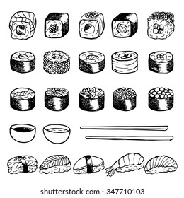 Hand drawn doodle set with sushi. Illustration for backgrounds, textile prints, menu, web and graphic design