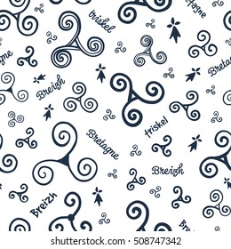 Hand drawn doodle style triskels seamless pattern with signs Bretagne, Breizh - Brittany in French and Breton languages - and triskel - celtic symbol