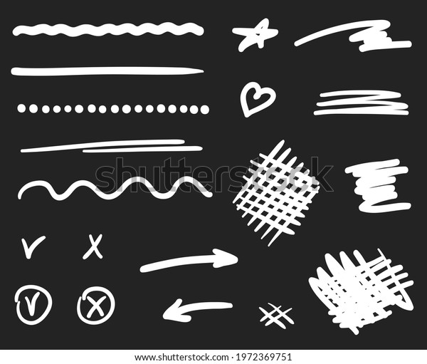Hand drawn doodles. Abstract decorative\
lines. Hand drawn underlines. Elements are drawn in a linear style.\
Hatching. Black and white\
illustration