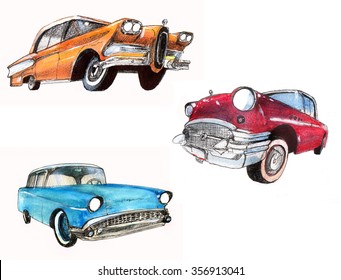 hand drawn drawing sketch retro car automobile transportation set