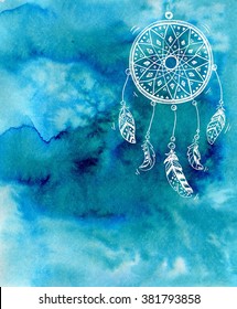 Hand Drawn Dreamcatcher On A Blue Watercolor Background