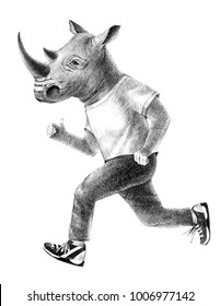 Hand Drawn Dressed Up Rhino Running