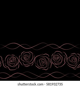 Hand drawn elements. Horizontal roses silhouette in pink and black colors. Seamless background pattern with copy space (place for your text).