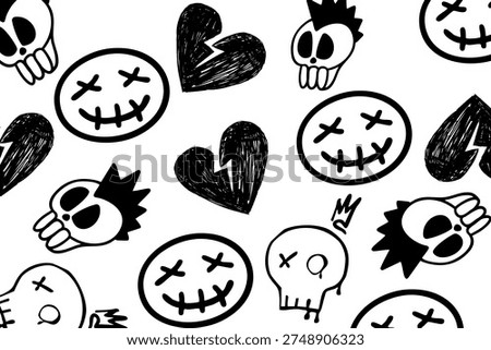 Hand drawn emo background with grunge skulls, broken hearts and stitched smiles. Goth background pattern illustration on white.