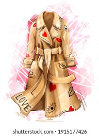 Hand drawn fashion coat poster and pink lines background  Beige classic coat drawing and love  Beautiful illustration raincoat and stylish hearts   Fashion costume elegance poster print