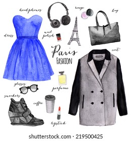 Hand drawn fashion illustration clothing set. Stylish and trendy outfit. Paris style. - Powered by Shutterstock