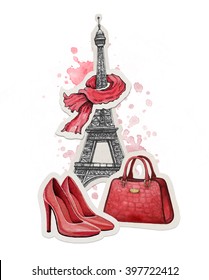 Hand drawn fashion illustration. Eiffel Tower, shoes and a handbag