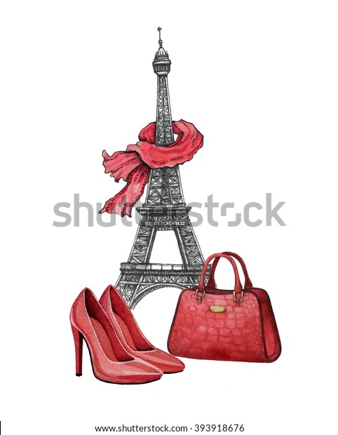 Hand drawn fashion illustration. Eiffel Tower, shoes and a handbag