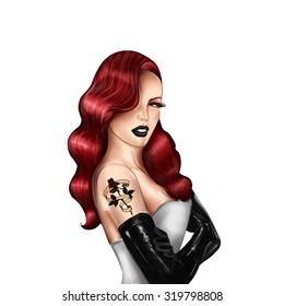 hand drawn fashion red hair model - vintage pin up girl with retro tattoo 