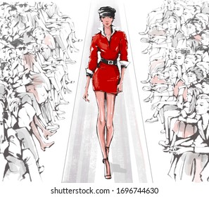 Hand Drawn Fashion Show With Stylish Model And Audience. Fashion Runway. Haute Couture. Beautiful Young Woman Walking Runway.