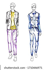 Hand Drawn Fashion Sketching Of Two Men’s  In Casual Clothing Posing. Fashion Illustration Of Men’s Clothing. Color Sketch Of A Mens   In Colored Clothes