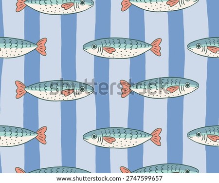 hand drawn fish seamless pattern. Preppy sea food seamless print. Stylized fish on blue striped background. Mediterranean diet design