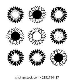 Hand drawn floral sunflowers doodle set of black abstract flowers silhouettes on white