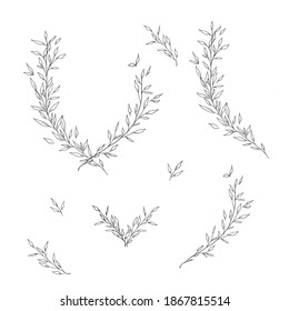 Hand Drawn Floral Wreath Clipart. Line Art Botanical Element For Invitation, Wedding Monogram, Logo, Postcard, Card, Packing, Stationery, Textile, Template, Wallpaper. Pencil Drawing. Illustration