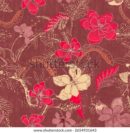 Hand drawn flower seamless pattern. Colorful seamless pattern with floral pattern in eastern style. Vector for textile. Pink blue on a white background. 