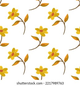 Hand Drawn Flower With Warm Color Scheme As Seamless Pattern For Print And Fashion Or Wallpaper