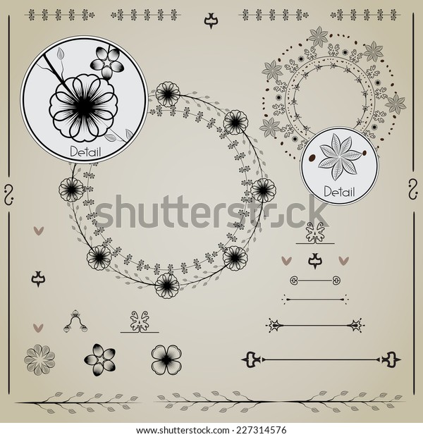 Hand drawn
frames and laurels.  illustration. Set of decorating for cards and
wedding invitations. Decorative elements.  Web design and web
sites. C?an be used as a page
decoration